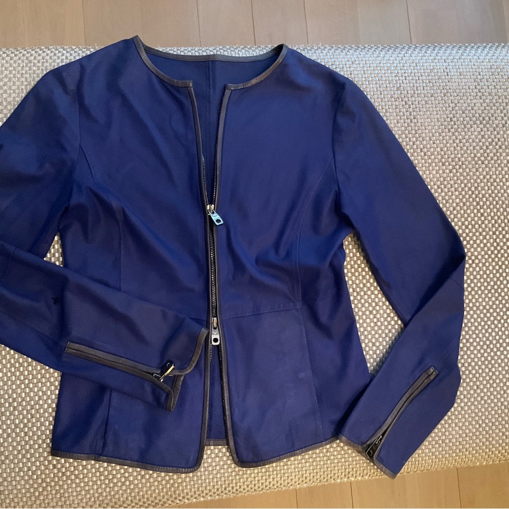 Emporio Armani dark cobalt blue leather jacket.